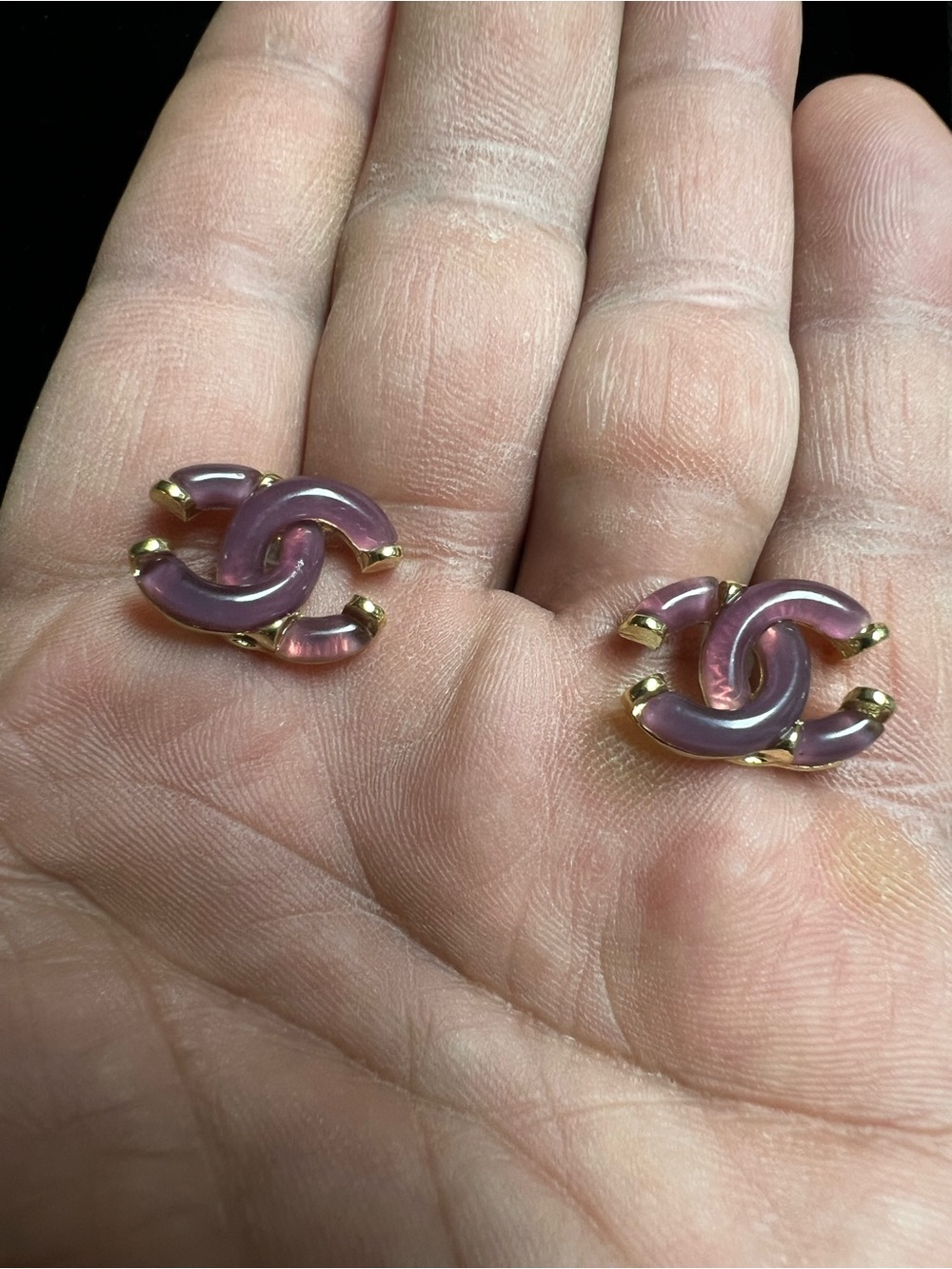Double C Lucite Purple With Gold - Tone Stud Earrings For Pierced Ears NEW !
